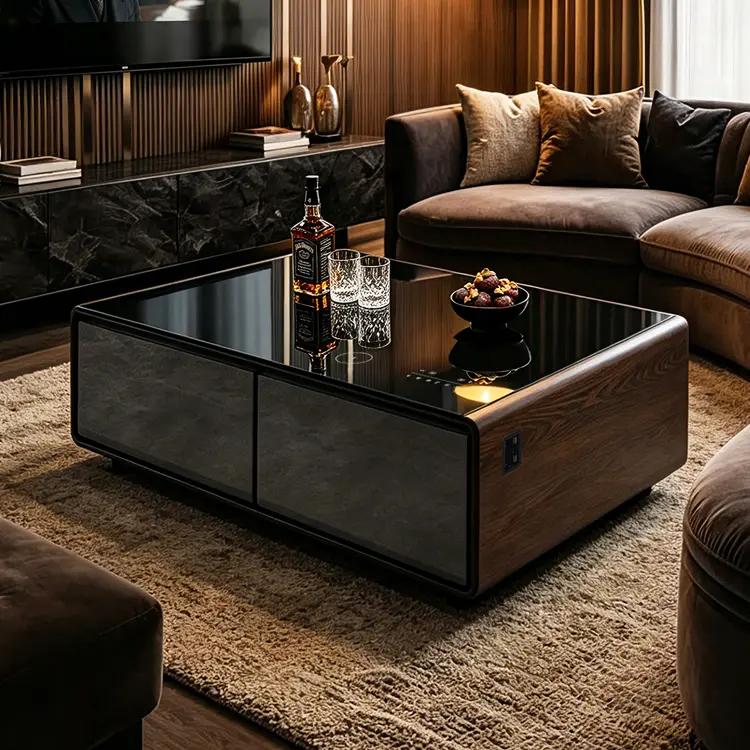 Smart Coffee Table: Equipped with dual refrigerated drawers, a wireless charging pad, and built-in Bluetooth speakers.