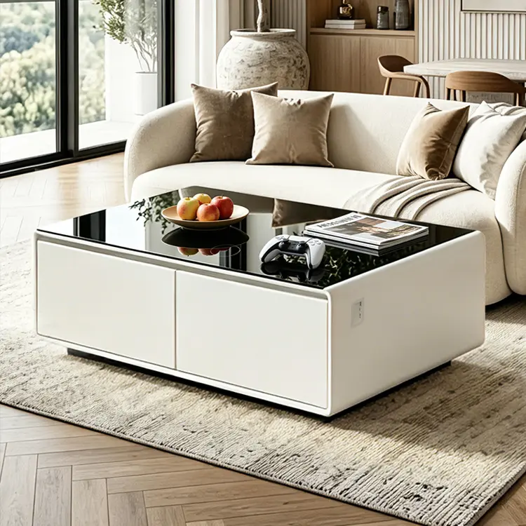 Smart Coffee Table: Equipped with dual refrigerated drawers, a wireless charging pad, and built-in Bluetooth speakers.