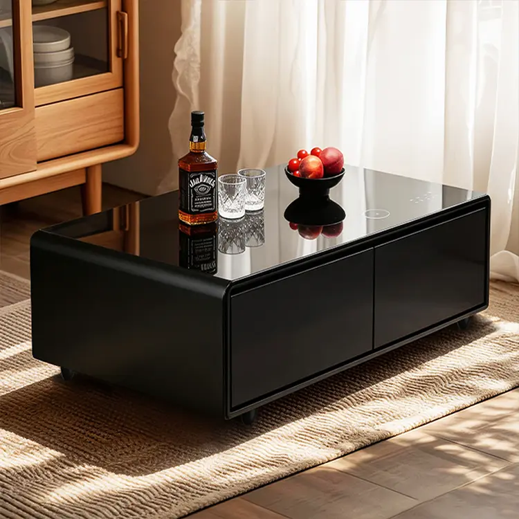Smart Coffee Table: Equipped with dual refrigerated drawers, a wireless charging pad, and built-in Bluetooth speakers.