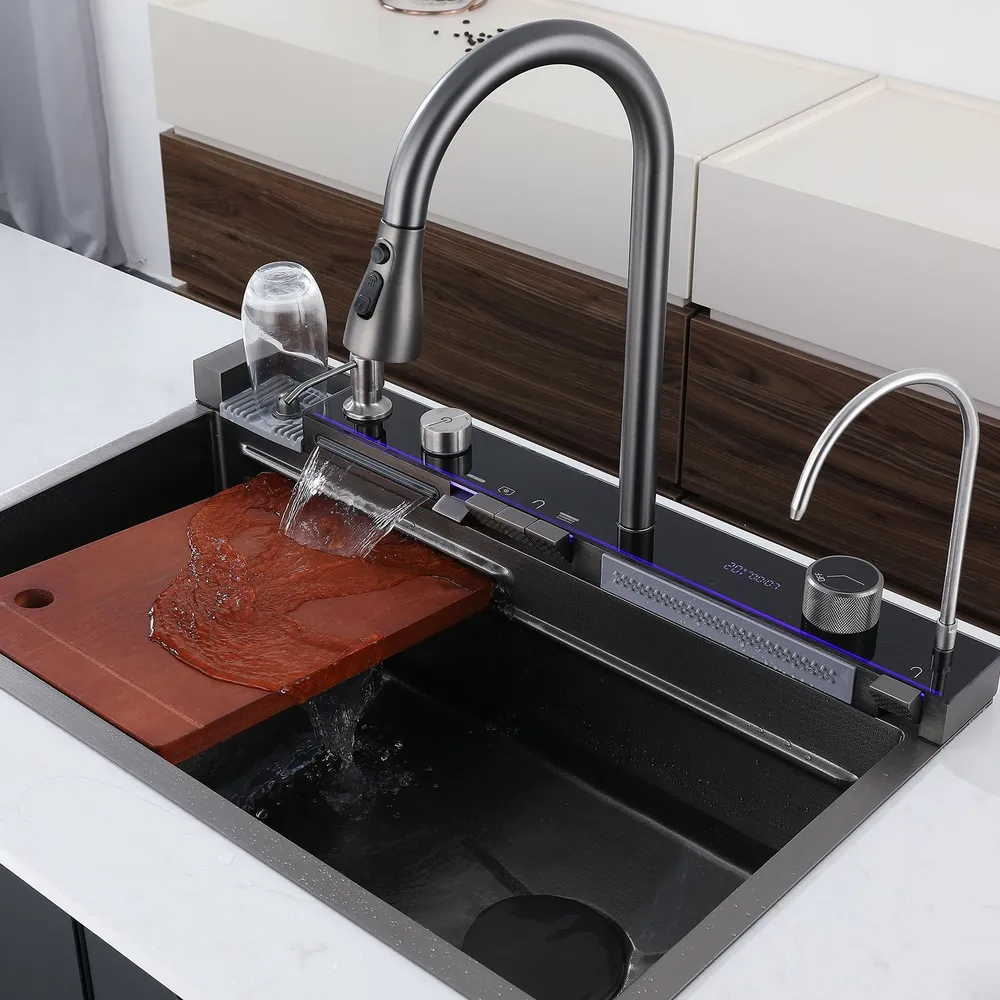 Admqx Elegant Waterfall Kitchen Sink Faucet with Digital Temperature Display & LED Lighting