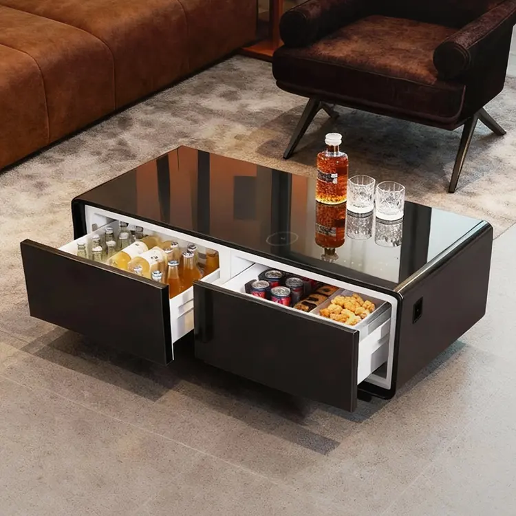 Smart Coffee Table: Equipped with dual refrigerated drawers, a wireless charging pad, and built-in Bluetooth speakers.