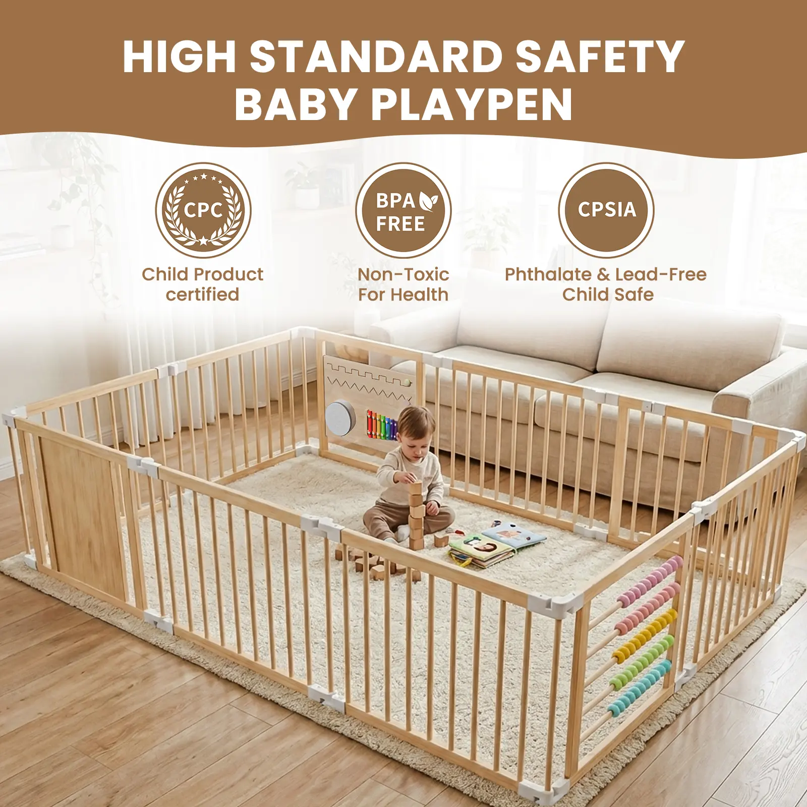 ADMQX Natural Wooden Baby Playpen