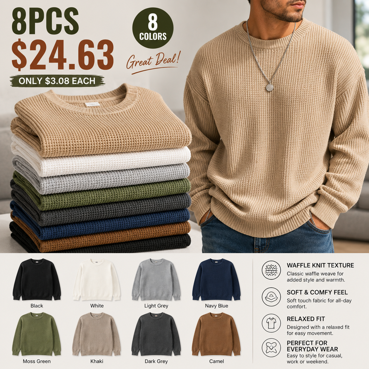 BESTSELLER I8PCS$24.63 | Men's Waffle KnitCrewneck Sweater