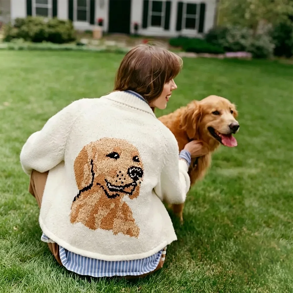 Custom Pet Portrait Knit Cardigan – Personalized Dog & Cat Sweater