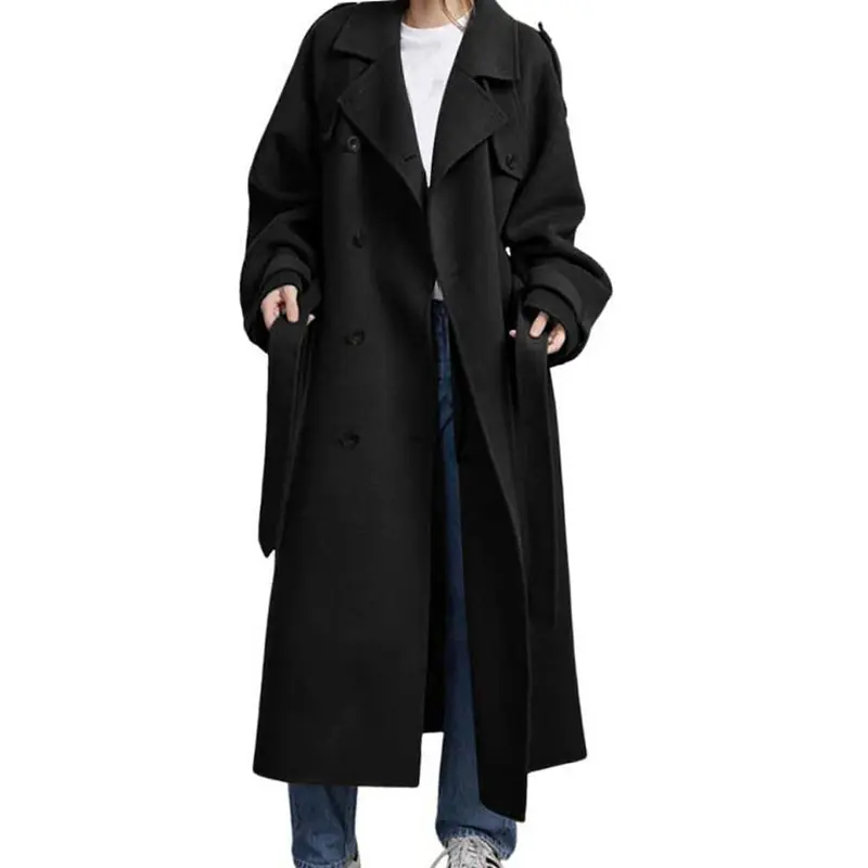 Women's Long Wool Blend Double Breasted Overcoat with Notched Lapel and Belt Closure