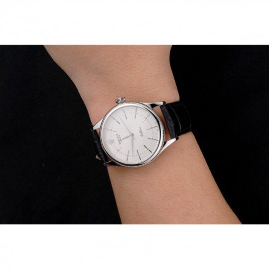 Replica Rolex Cellini White Guilloche Dial Stainless Steel Case Black Leather Strap - View 2