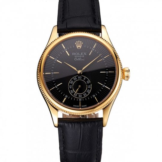 Replica Rolex Cellini Black Dial Gold Case Black Leather Strap - View 1