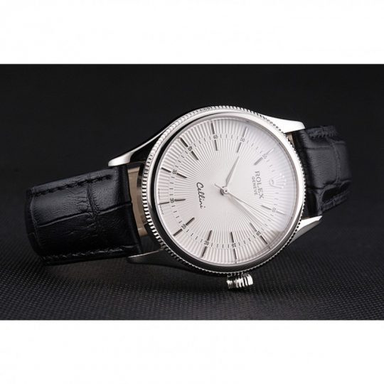 Replica Rolex Cellini White Guilloche Dial Stainless Steel Case Black Leather Strap - View 3