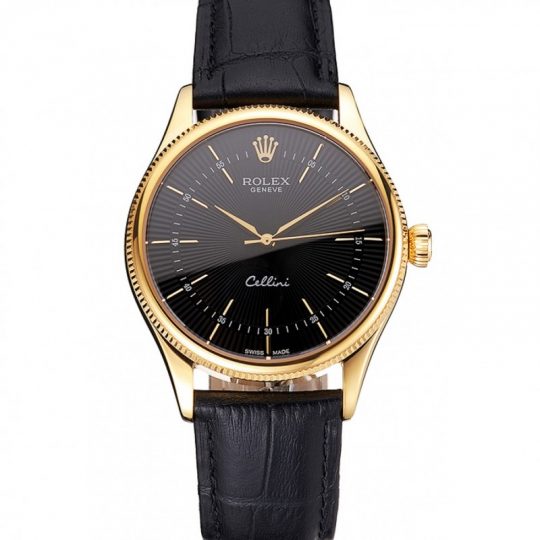 Replica Rolex Cellini Black Dial Gold Markings Gold Case Black Leather Strap - View 1