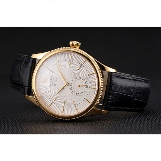 Replica Rolex Cellini White Dial Gold Case Black Leather Strap - View 5