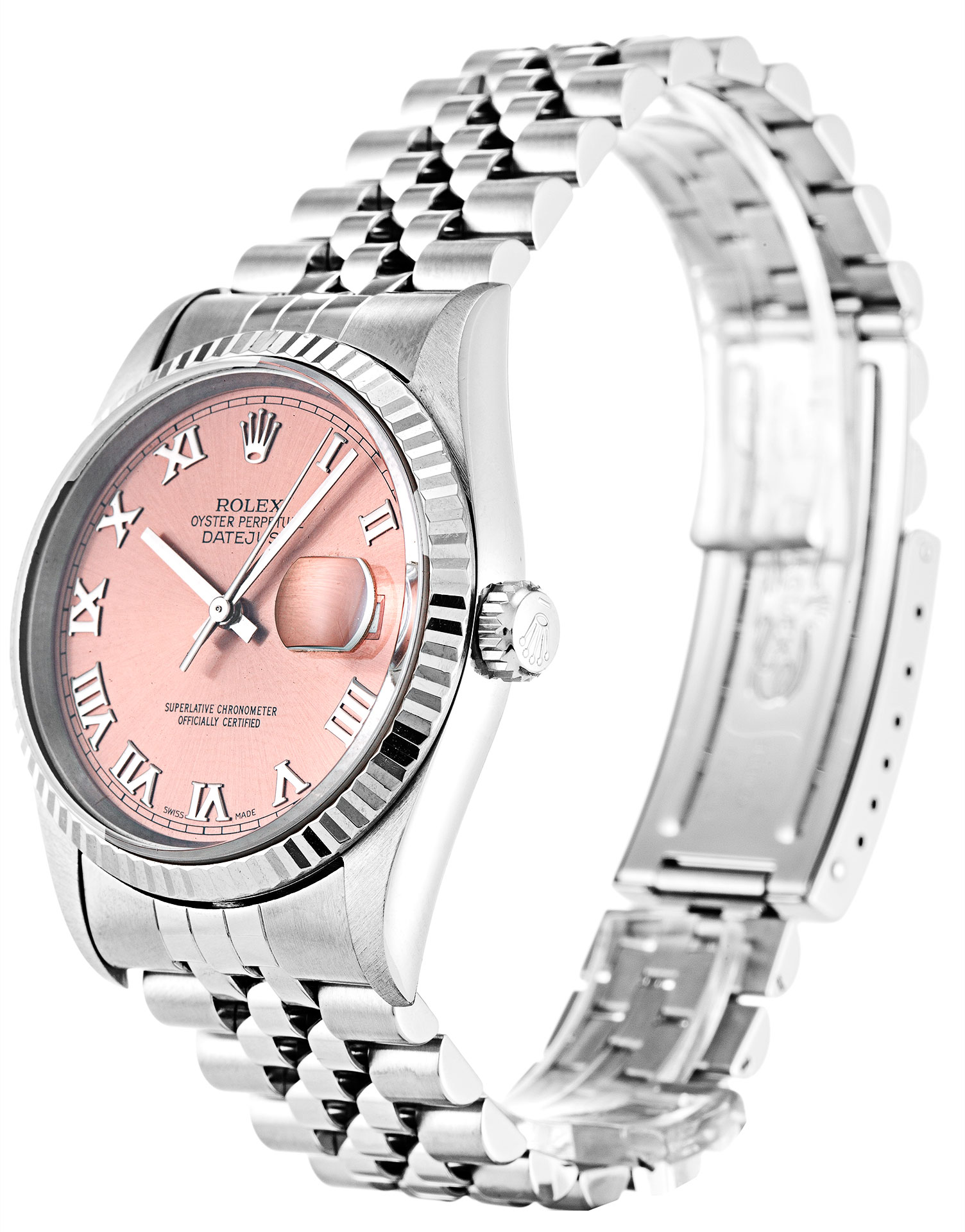 Rolex Datejust 16234 36 MM Pink Dial Oyster Steel Case Silver Roman Numerals Jubilee Strap Replica