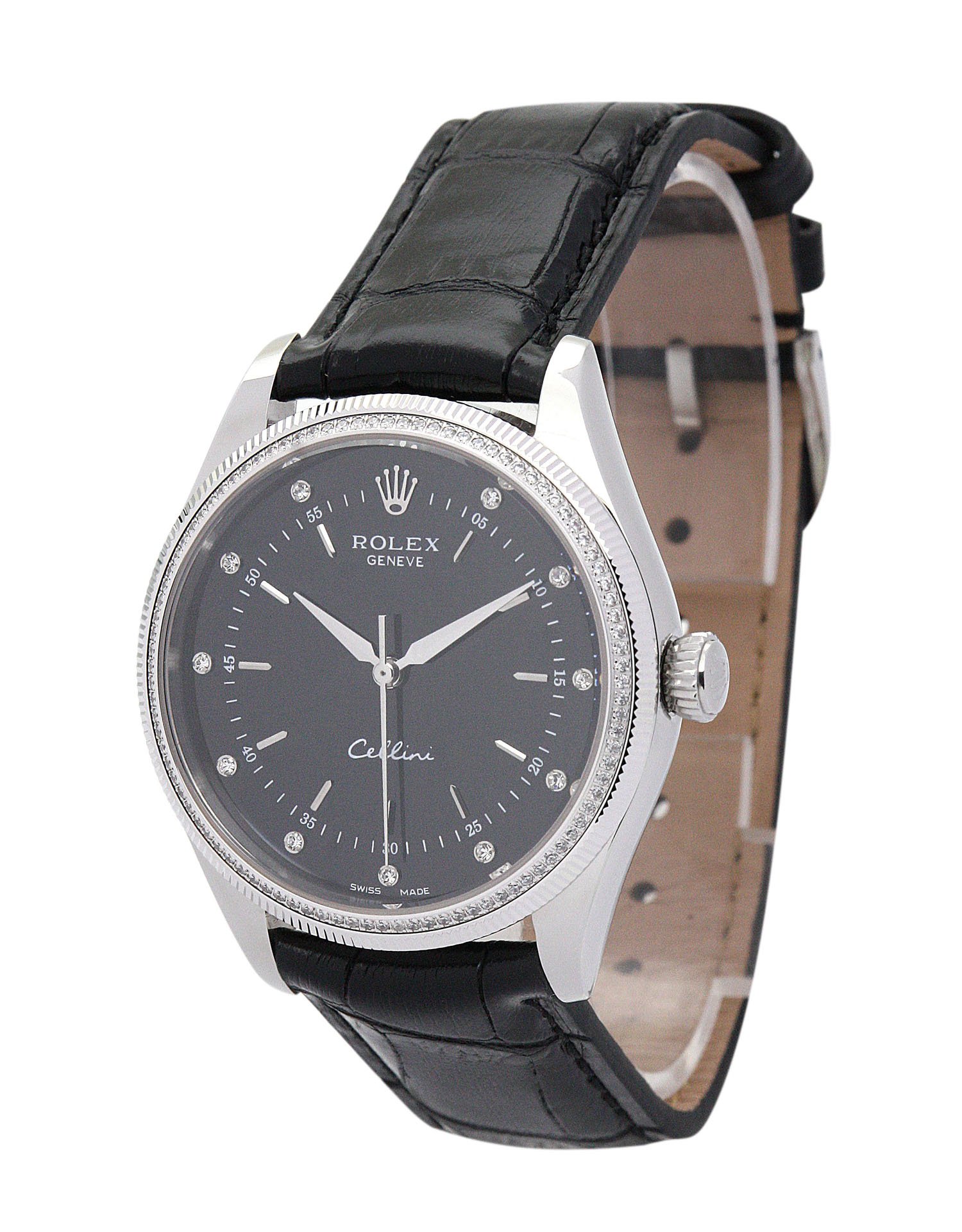 Replica Rolex Cellini 4233/8 Black Dial 39.5mm Diamond Markers Leather Strap