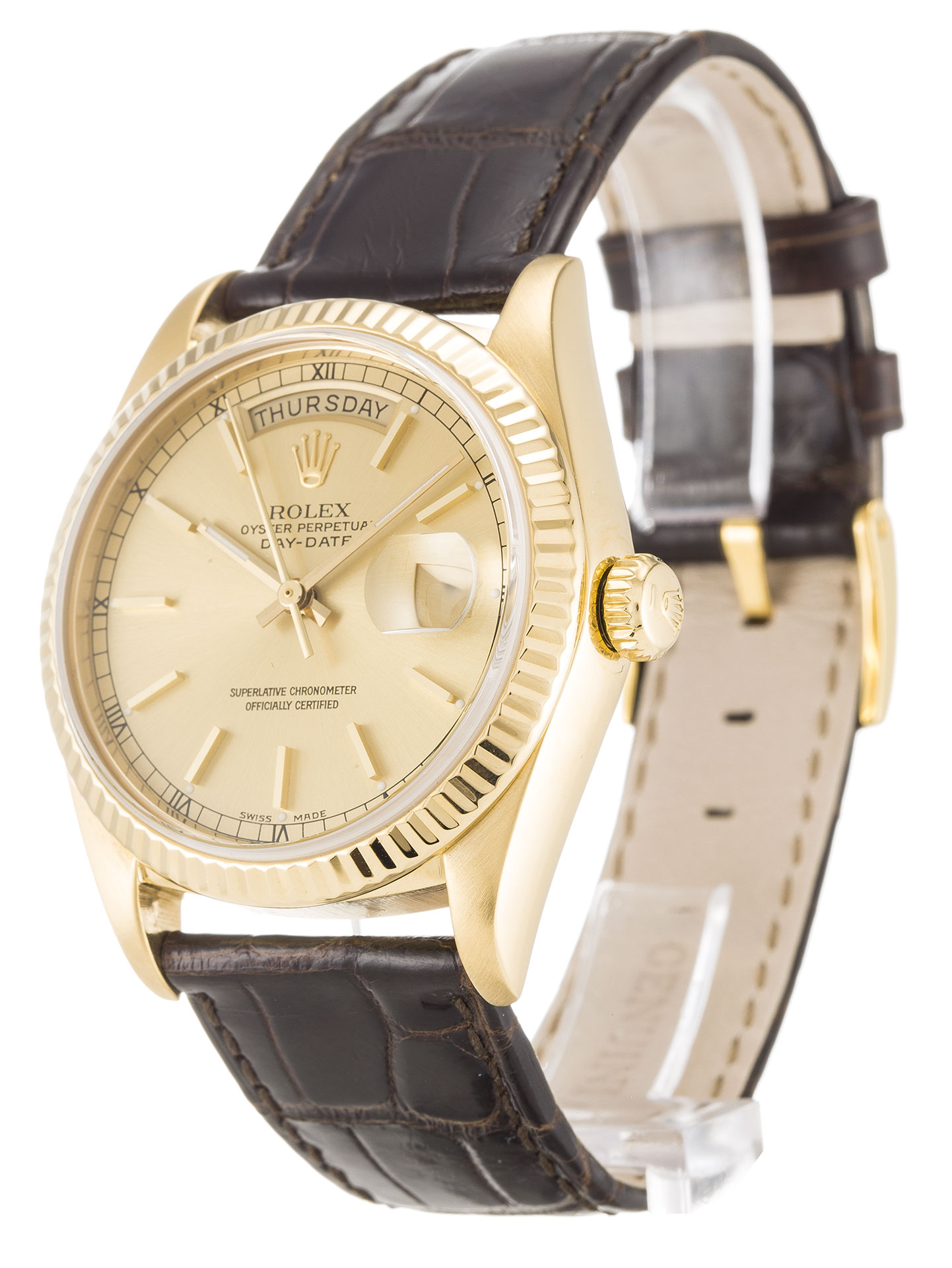 Rolex Day-Date 18038 36 MM Gold Case Brown Leather Strap Replica 