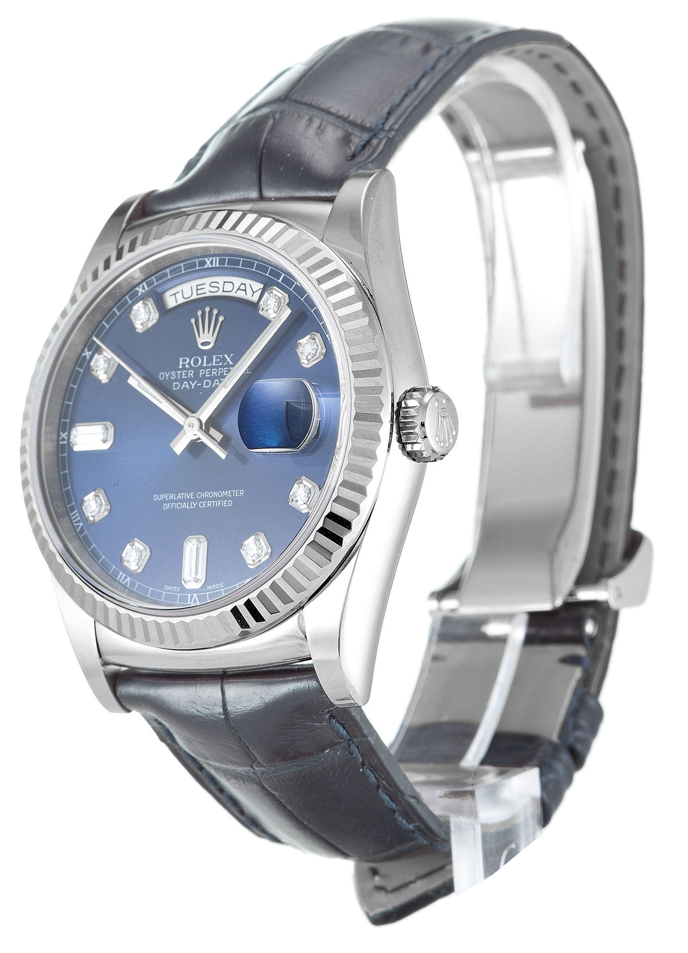 Rolex Day-Date 118139 36 MM Blue Dial Diamond Markers Black Leather Strap Replica 