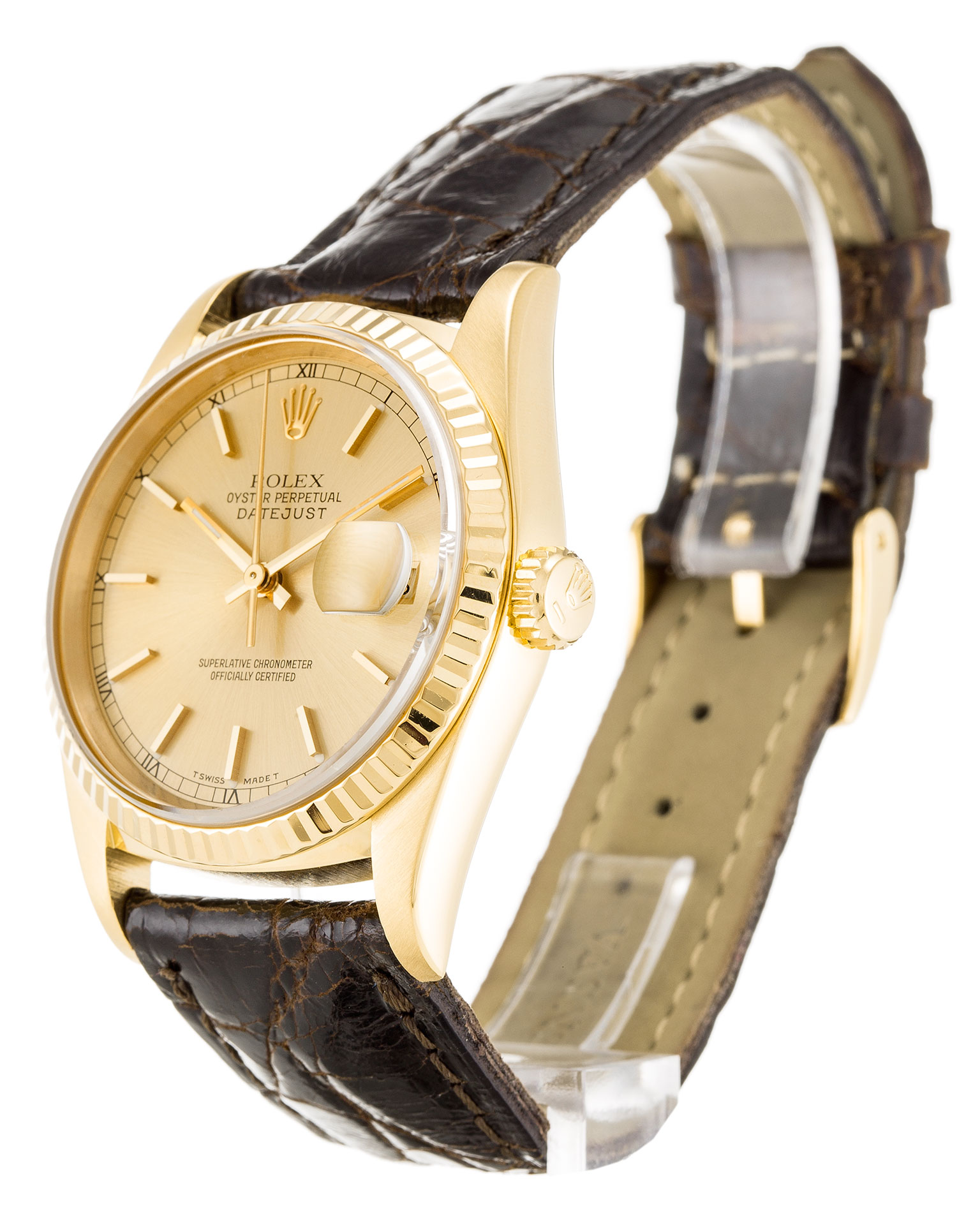 Rolex Datejust 16238 36 MM Champagne Gold Case Dial Brown Leather Alligator Strap Replica 