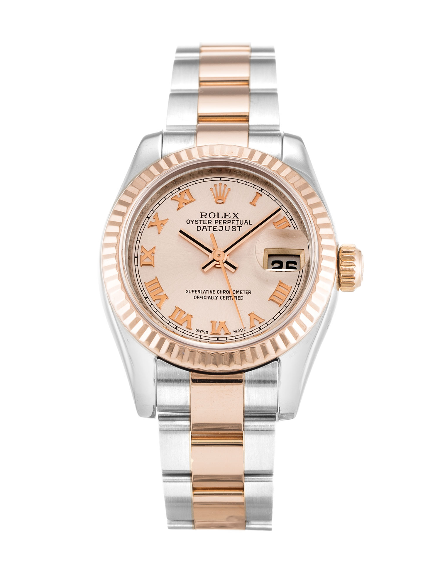 Rolex Datejust Women 179171 26 MM Duotone Rose Gold Oyster Strap Silver Case Pink Dial Roman Numerals Replica