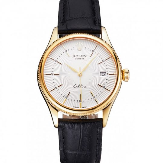 Replica Rolex Cellini Date White Dial Gold Case Black Leather Strap - View 1
