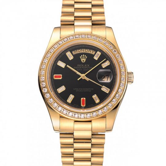 Replica Rolex Day-Date Diamonds And Rubies Black Dial Yellow Gold Bracelet 1454101 - View 1