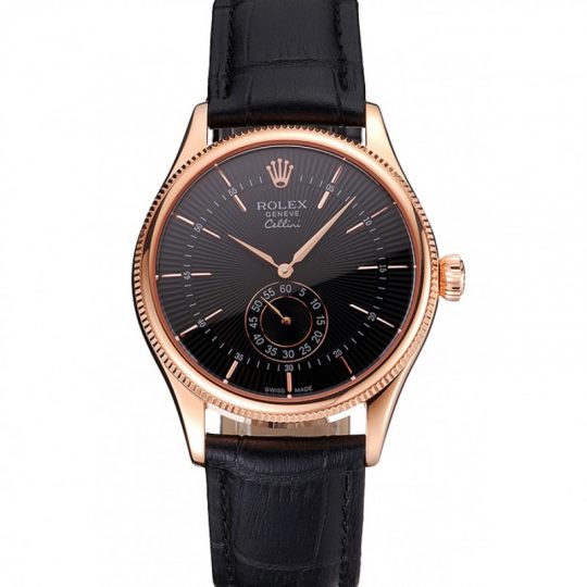 Replica Rolex Cellini Black Dial Rose Gold Case Black Leather Strap - View 1