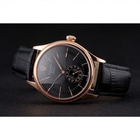 Replica Rolex Cellini Black Dial Rose Gold Case Black Leather Strap - View 5
