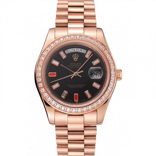 Replica Rolex Day-Date Diamonds And Rubies Black Dial Rose Gold Bracelet 1454102 - View 1