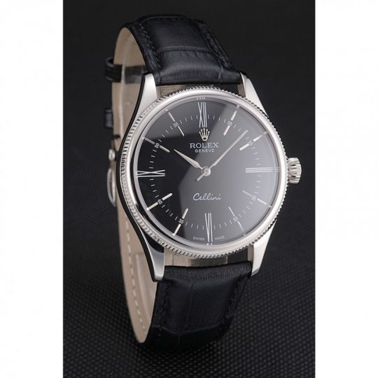 Replica Rolex Cellini Black Dial Roman Numerals Stainless Steel Case Black Leather Strap - View 3