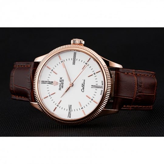 Replica Rolex Cellini Time Gold Case White Dial Brown Leather Bracelet 622655 - View 3