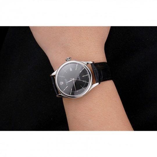 Replica Rolex Cellini Date Black Dial Stainless Steel Case Black Leather Strap - View 2