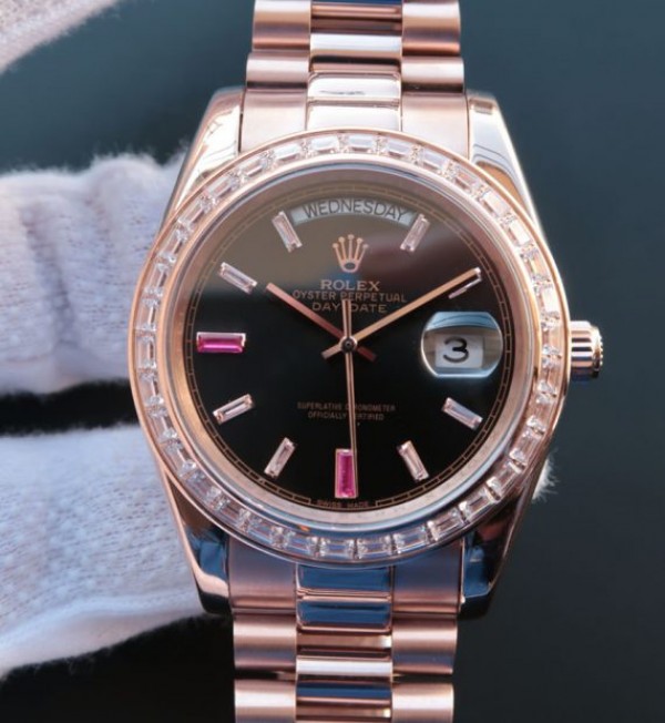 Replica Rolex (unchanged) Noob Day-Date 218399 RG Dial Black Bracelet / Strap A3255 - View 1