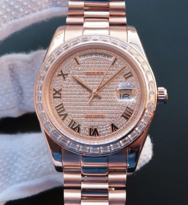 Replica Rolex (unchanged) Day-Date 218399 Roman Numerals RG Full Diamonds A3255 - View 1