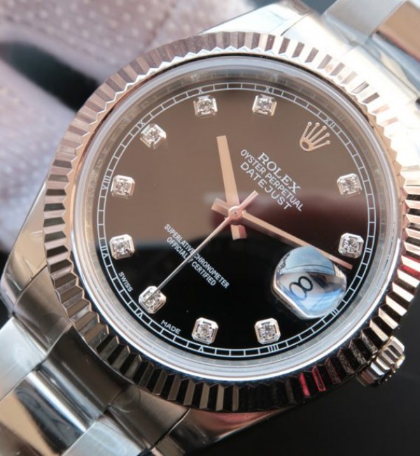 Replica Rolex DateJust 41mm 116334 Fluted Bezel Black Dial Diamonds Markers SS Bracelet / Strap A3136