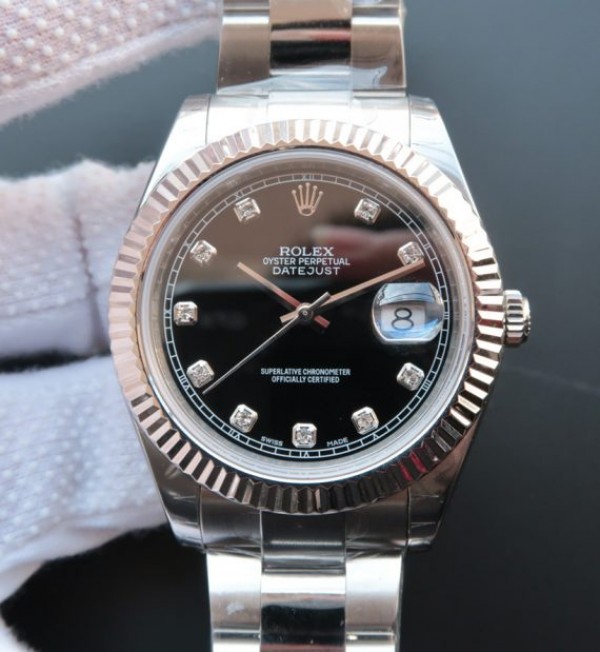 Replica Rolex (unchanged) DateJust 41mm 116334 Fluted Bezel Black Dial Diamonds Markers SS Bracelet / Strap A3136 - View 1