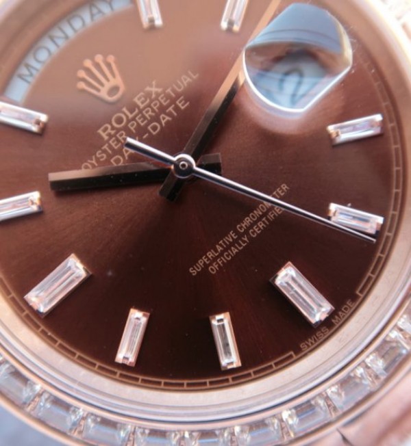 Replica Rolex Day-Date 41 mm 218399 RG Dial Brown Bezel Diamonds Bracelet / Strap RG A3255