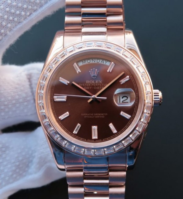 Replica Rolex (unchanged) Day-Date 41 mm 218399 RG Dial Brown Bezel Diamonds Bracelet / Strap RG A3255 - View 1