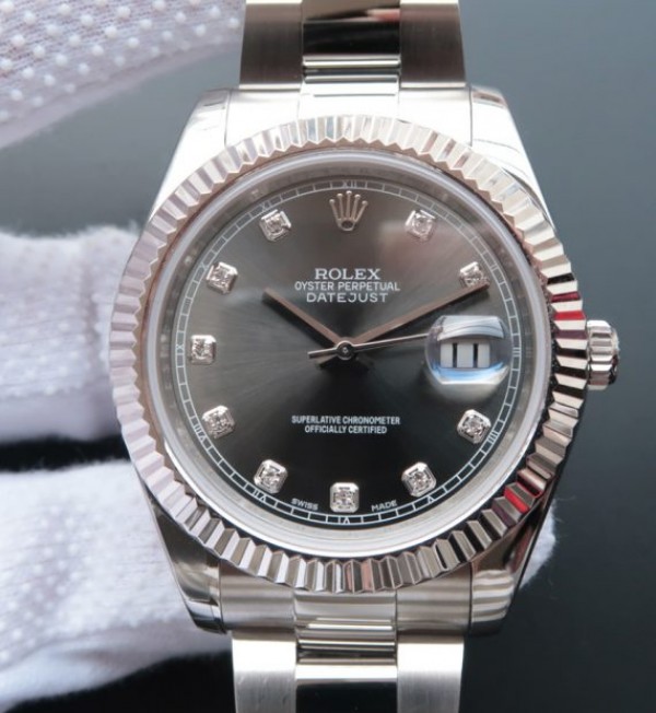Replica Rolex (unchanged) DateJust II SS Bezel Fluted Dial Grey Diamond Markers Bracelet / Strap SS A3136 - View 1