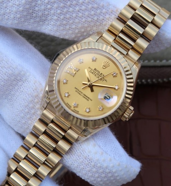 Replica Rolex DateJust 31 mm Bezel Fluted Case RG Dial Gold RG A2235