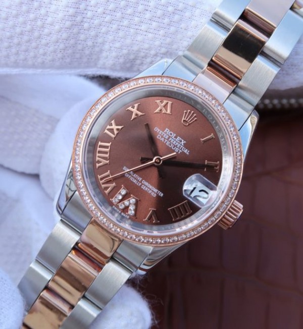 Replica Rolex DateJust 31 mm 178383 Diamond-Set Bezel Roman Numerals Dial Brown A2235