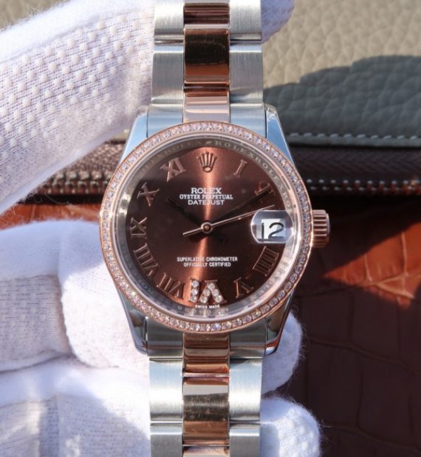 Replica Rolex (unchanged) DateJust 31 mm 178383 Diamond-Set Bezel Roman Numerals Dial Brown A2235 - View 1