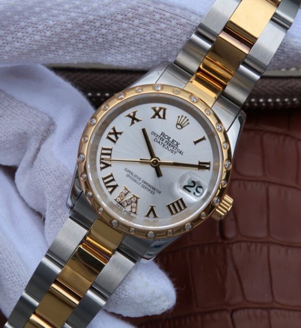 Replica Rolex DateJust 31 mm Bezel Diamonds Roman Numerals Dial White Bracelet / Strap A2235