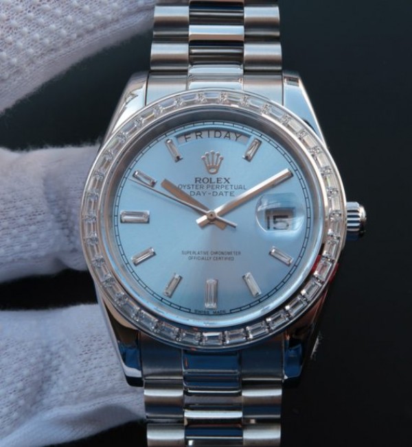 Replica Rolex (unchanged) Day Date SS Bezel Diamonds Dial Blue Glacier Markers Cristal Bracelet / Strap SS A3255 - View 1