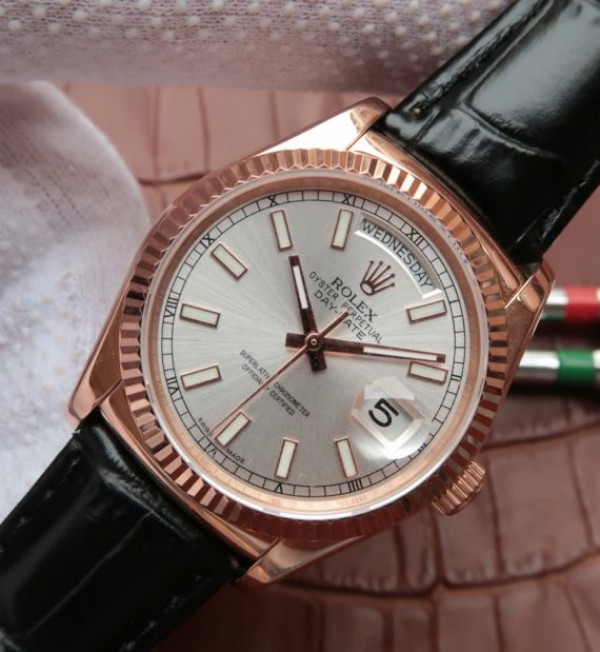 Replica Rolex Day-Date 118135 RG Dial Argent Bracelet / Strap Cuir Black A2836