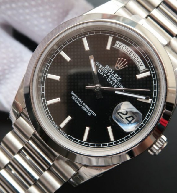 Replica Rolex Day-Date II 228239 SS Dial Black Textured Bracelet / Strap SS A3255