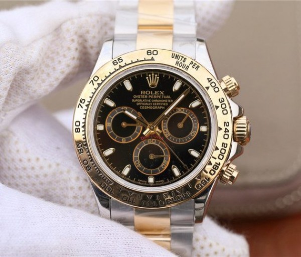 Replica Rolex (unchanged) Daytona 116523 Dial Black épais Wrapped de YG Markers Batons Bracelet / Strap SS/YG A7750 - View 1