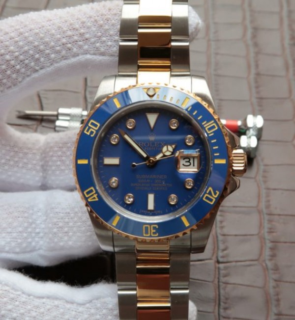 Replica Rolex (unchanged) Submariner 116613 Noob YG Dial Blue Wrapped Bracelet / Strap SS/YG A3135 - View 1