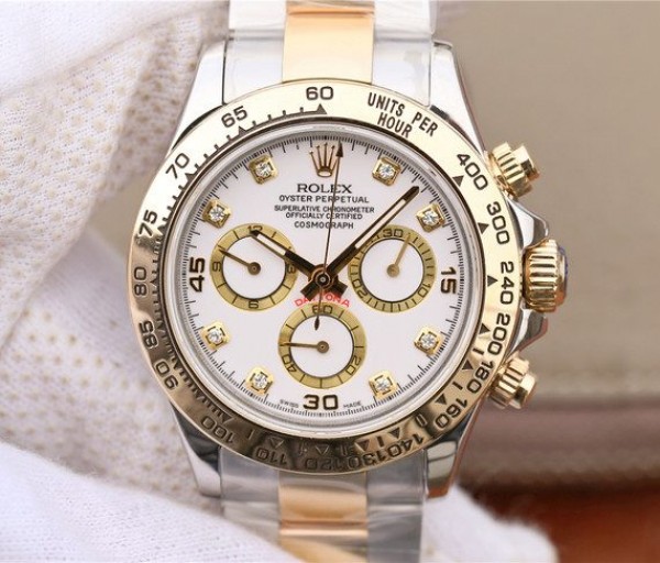 Replica Rolex (unchanged) Daytona 116523 Bracelet / Strap épais avec Dial White et index en Diamonds et revêtement en YG A7750 - View 1