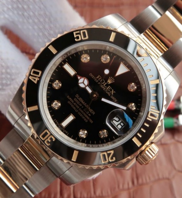 Replica Rolex Submariner 116613 LN Noob Dial Black Markers Diamonds Bracelet / Strap SS/YG A3135
