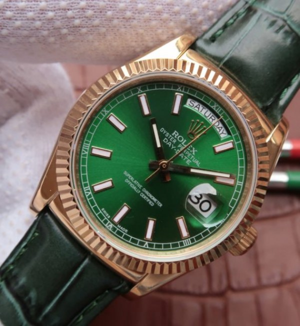 Replica Rolex Day-Date 118138 YG Dial Green Bracelet / Strap Leather Green A2836