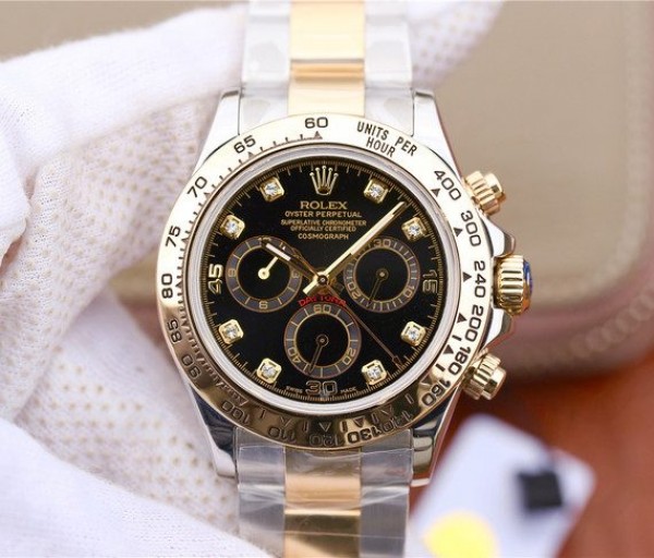 Replica Rolex (unchanged) Daytona 116523 Dial Black épais Wrapped de YG Diamond Markers Bracelet / Strap SS/YG A7750 - View 1