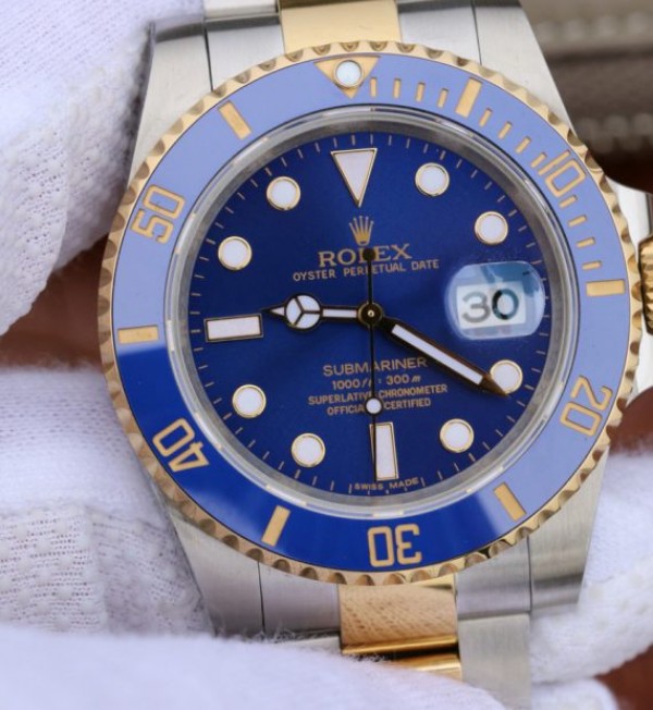 Replica Rolex (unchanged) Submariner 116613 LB Noob YG Dial Blue Wrapped Bracelet / Strap SS/YG A3135 - View 1
