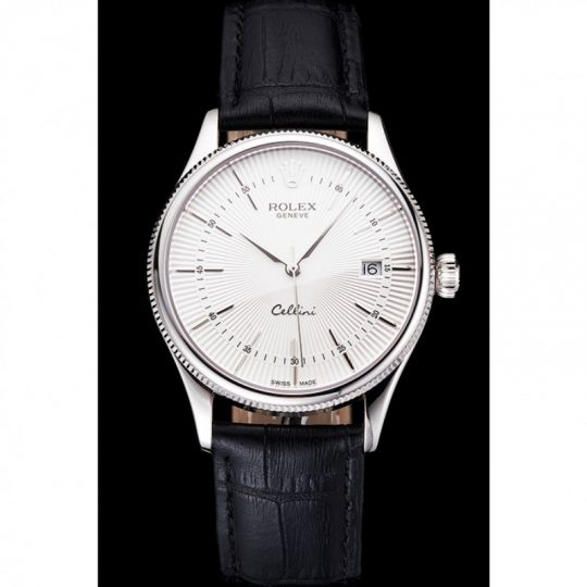 Replica Rolex Cellini Date White Dial Stainless Steel Case Black Leather Strap - View 3